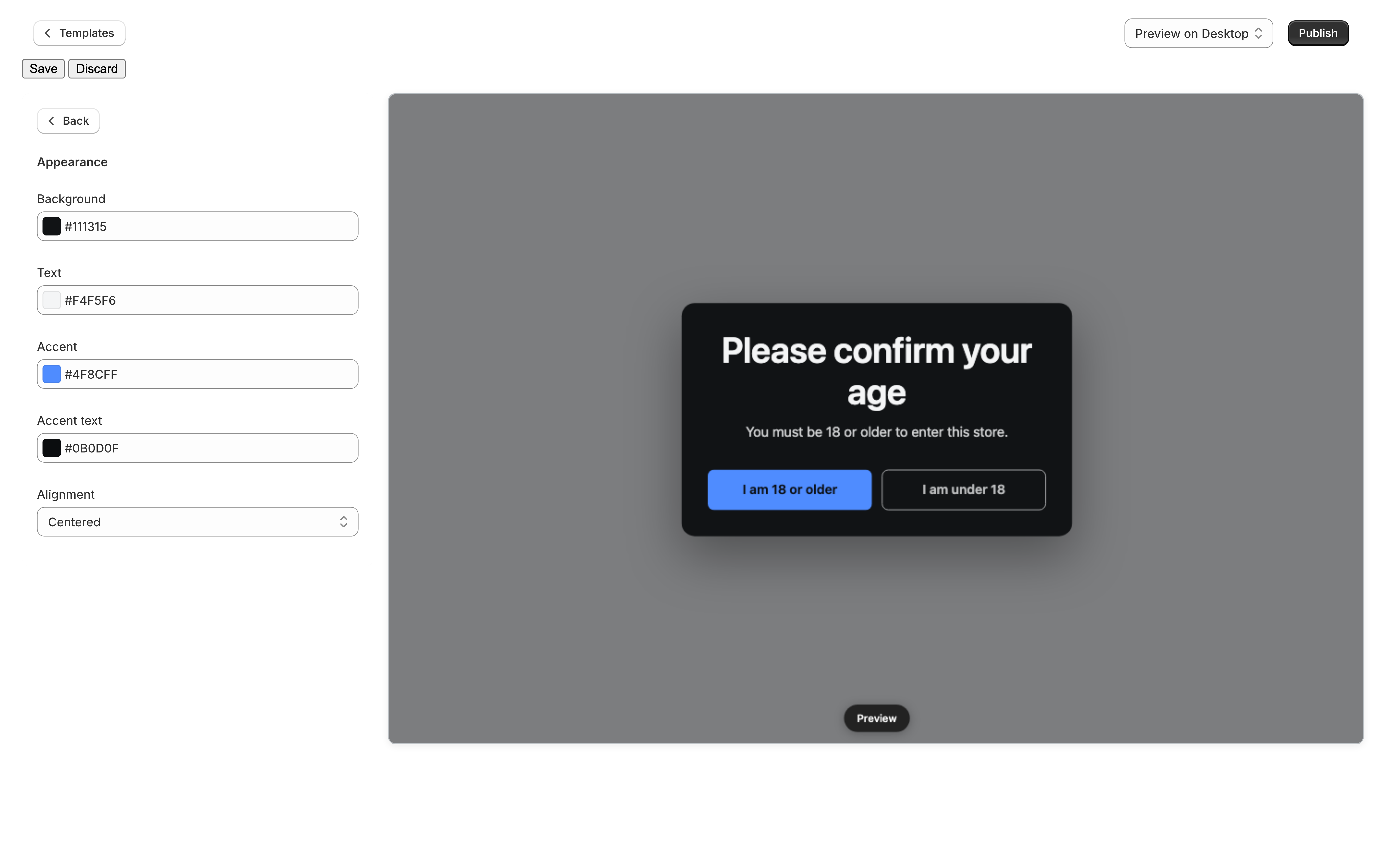 The editor with the Appearance category open: color fields for Background (#111315), Text (#F4F5F6), Accent (#4F8CFF) and Accent text (#0B0D0F), and an Alignment dropdown set to Centered. The preview shows the gate card in those colors.