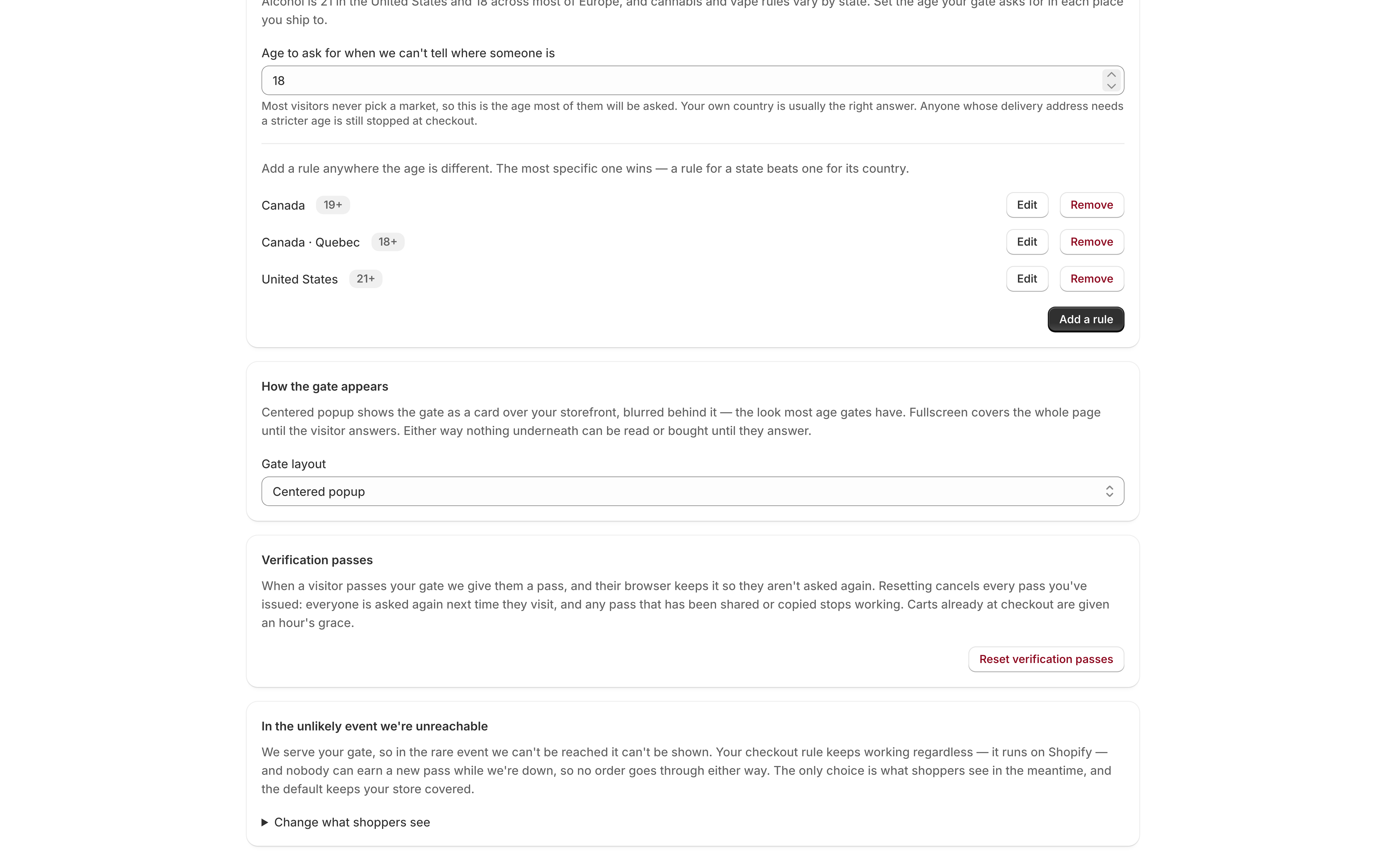 The lower half of the Settings page. The Age thresholds card shows the fallback field, Age to ask for when we can't tell where someone is, set to 18, then a rules list: Canada 19+, Canada · Quebec 18+, United States 21+, each with Edit and Remove buttons, and an Add a rule button. Below it, the How the gate appears card with Gate layout set to Centered popup, the Verification passes card with its Reset verification passes button, and the In the unlikely event we're unreachable card.