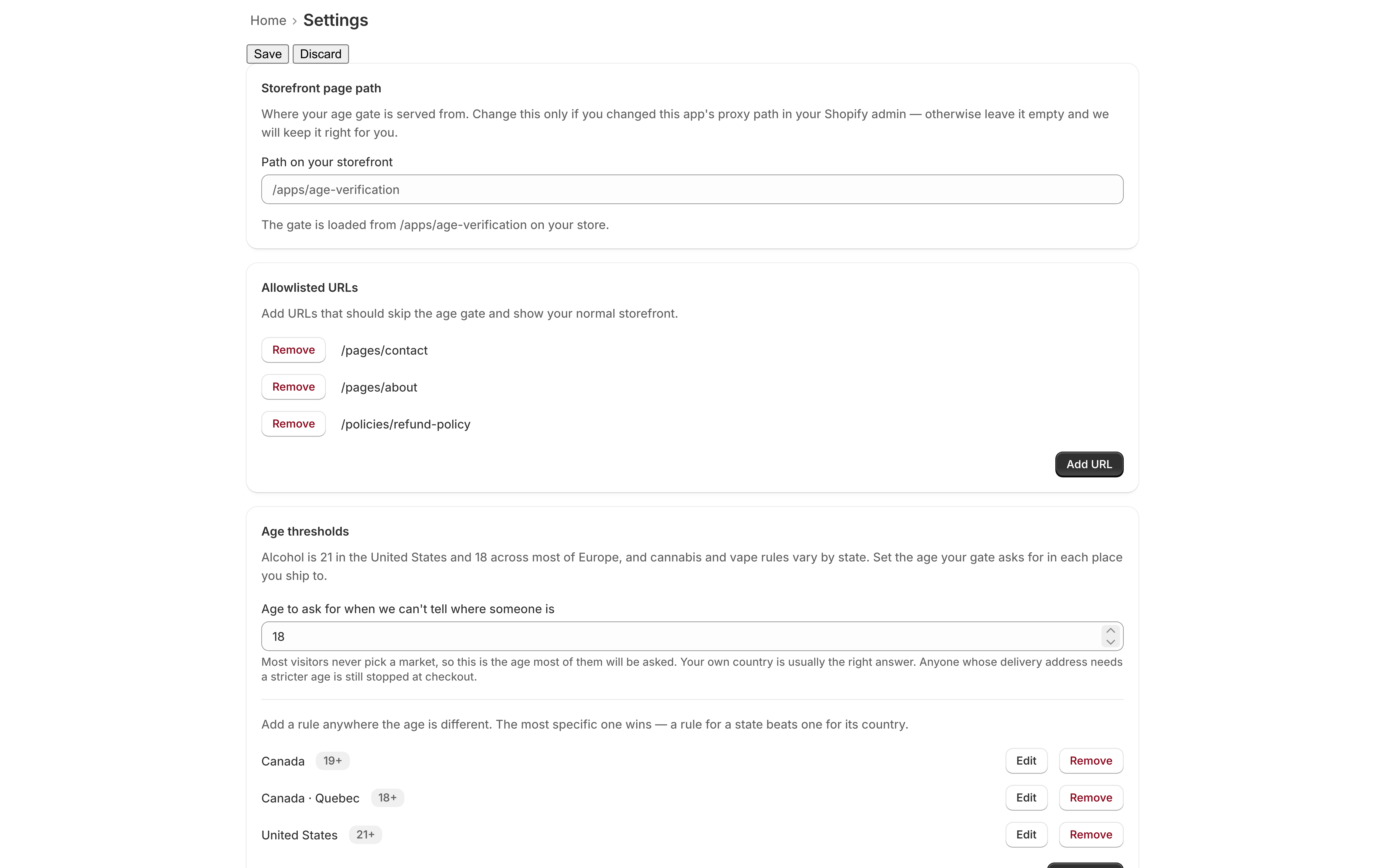 The top of the Settings page: a Storefront page path card with a Path on your storefront field reading /apps/age-verification, and an Allowlisted URLs card listing /pages/contact, /pages/about and /policies/refund-policy, each with a Remove button, and an Add URL button.