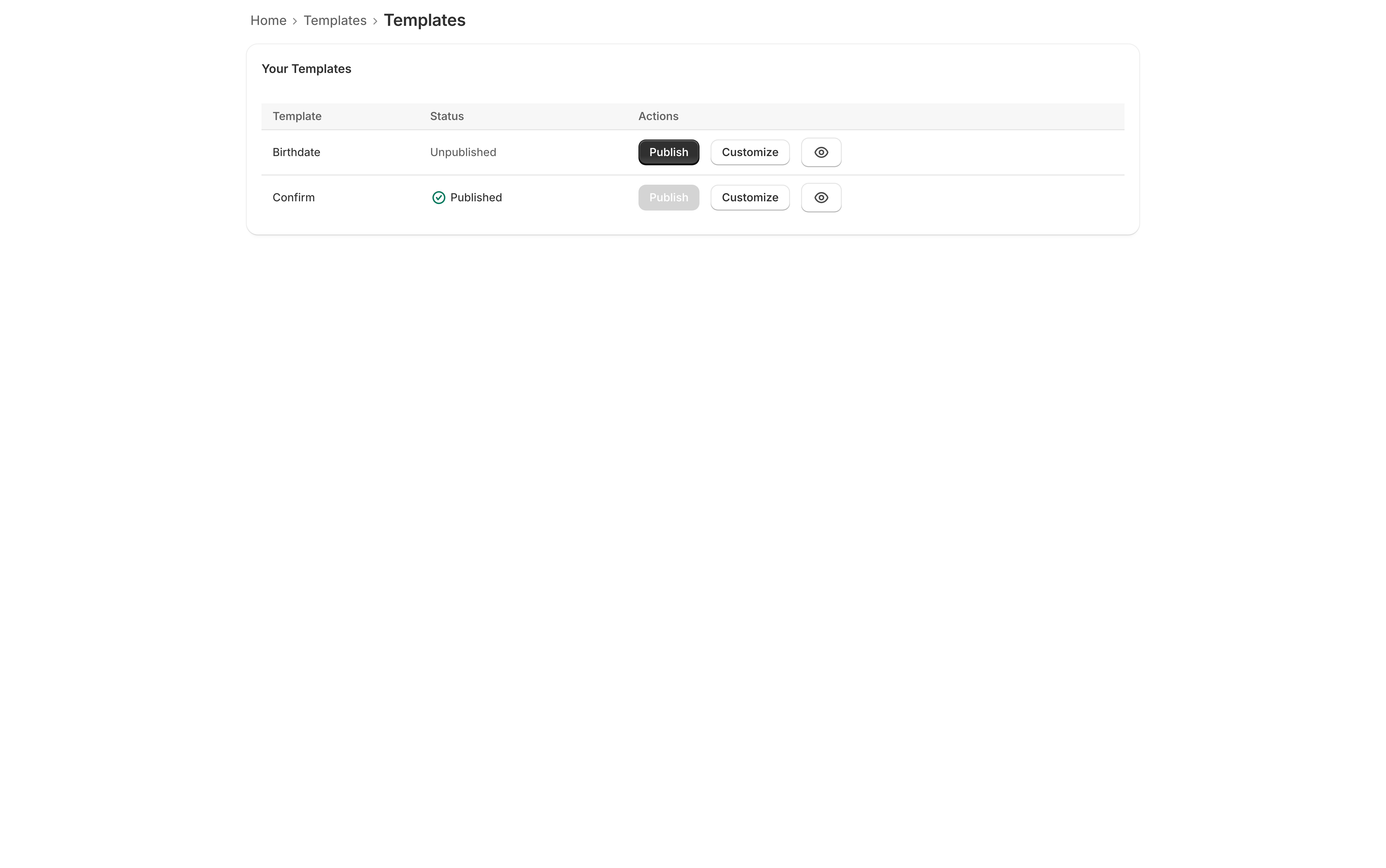 The Templates tab, listing two designs in a table: Birthdate, unpublished, with Publish, Customize and preview buttons; and Confirm, marked Published with a green tick, with its Publish button greyed out.