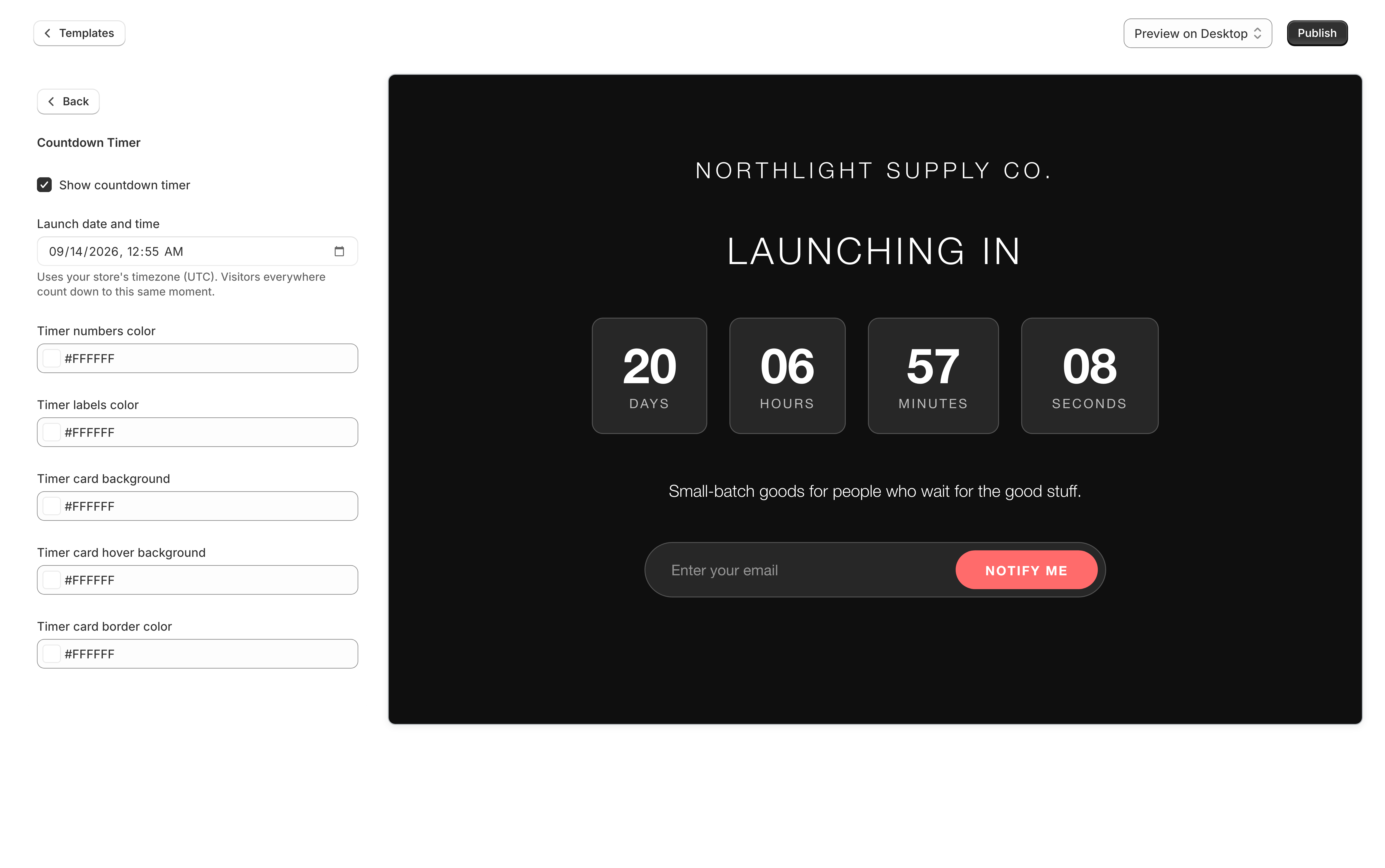 The template editor with the Countdown Timer category open, showing a Show countdown timer checkbox, a launch date and time field, and colour pickers for the timer numbers, labels, card background, hover background, and border.