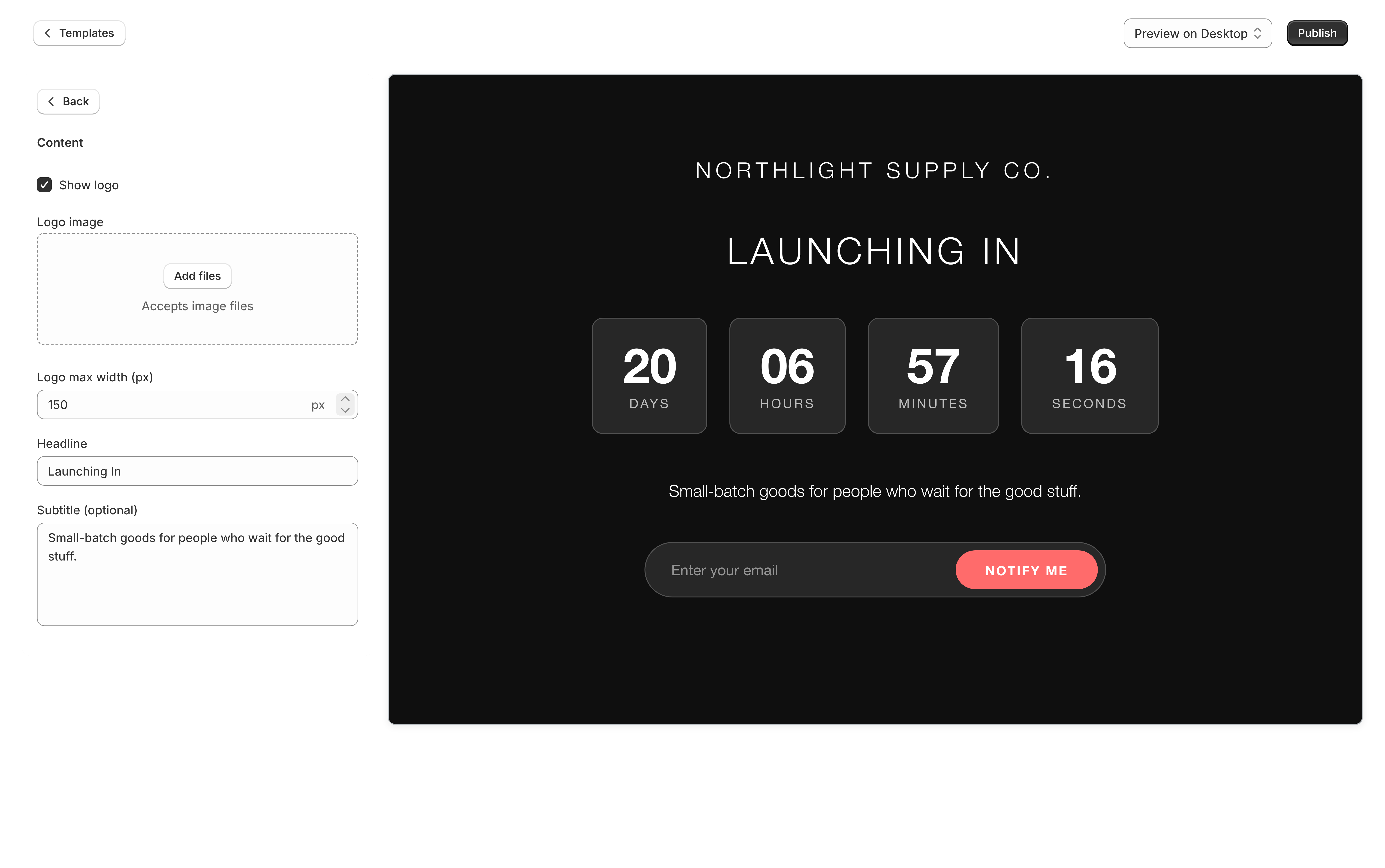 The template editor with the Content category open on the left showing Show logo, Logo image, Logo max width, Headline, and Subtitle fields, and a live preview of a dark countdown page on the right.