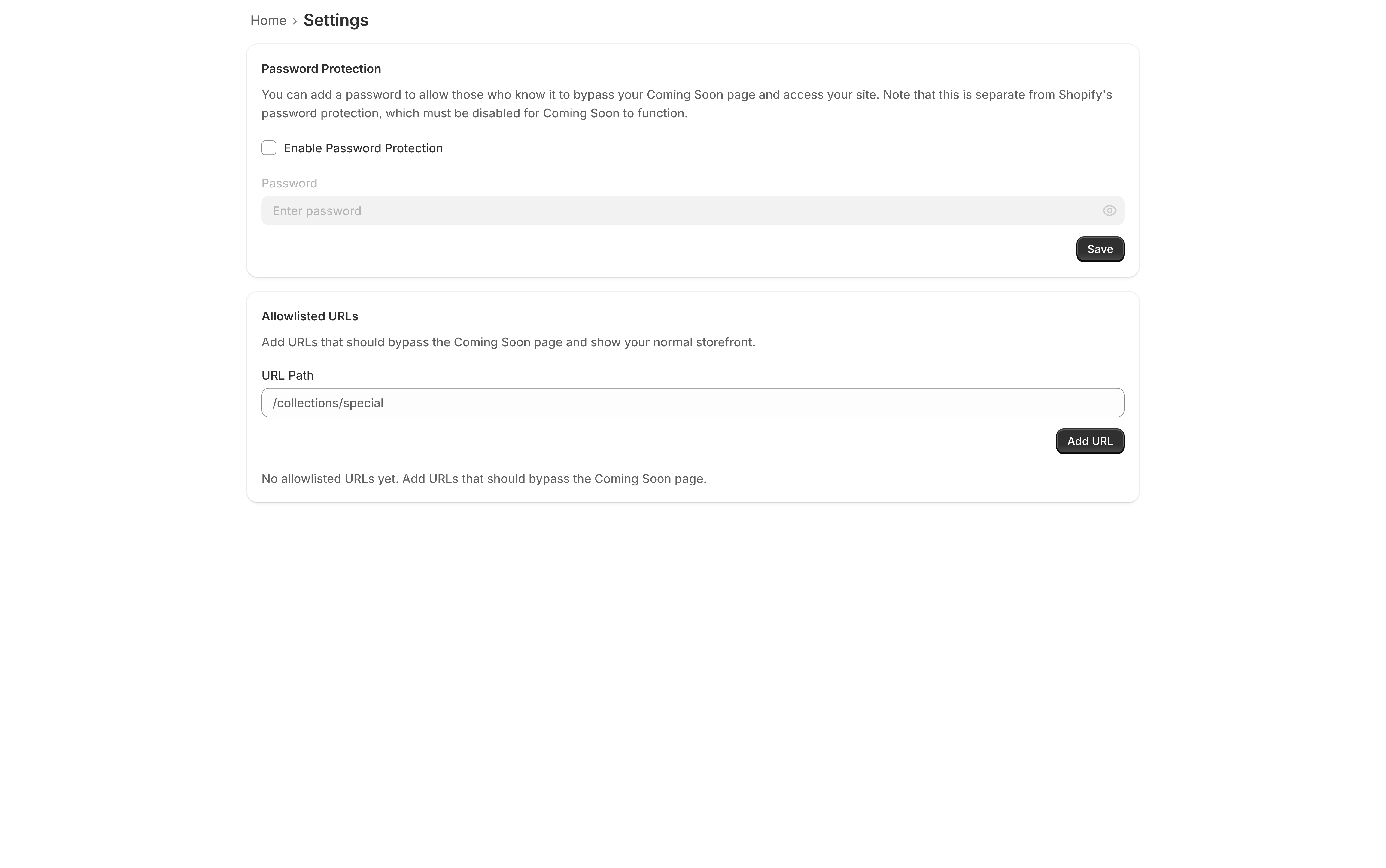 The Settings tab showing two cards: Password Protection with an Enable Password Protection checkbox and a disabled Password field, and Allowlisted URLs with a URL Path field and an Add URL button.