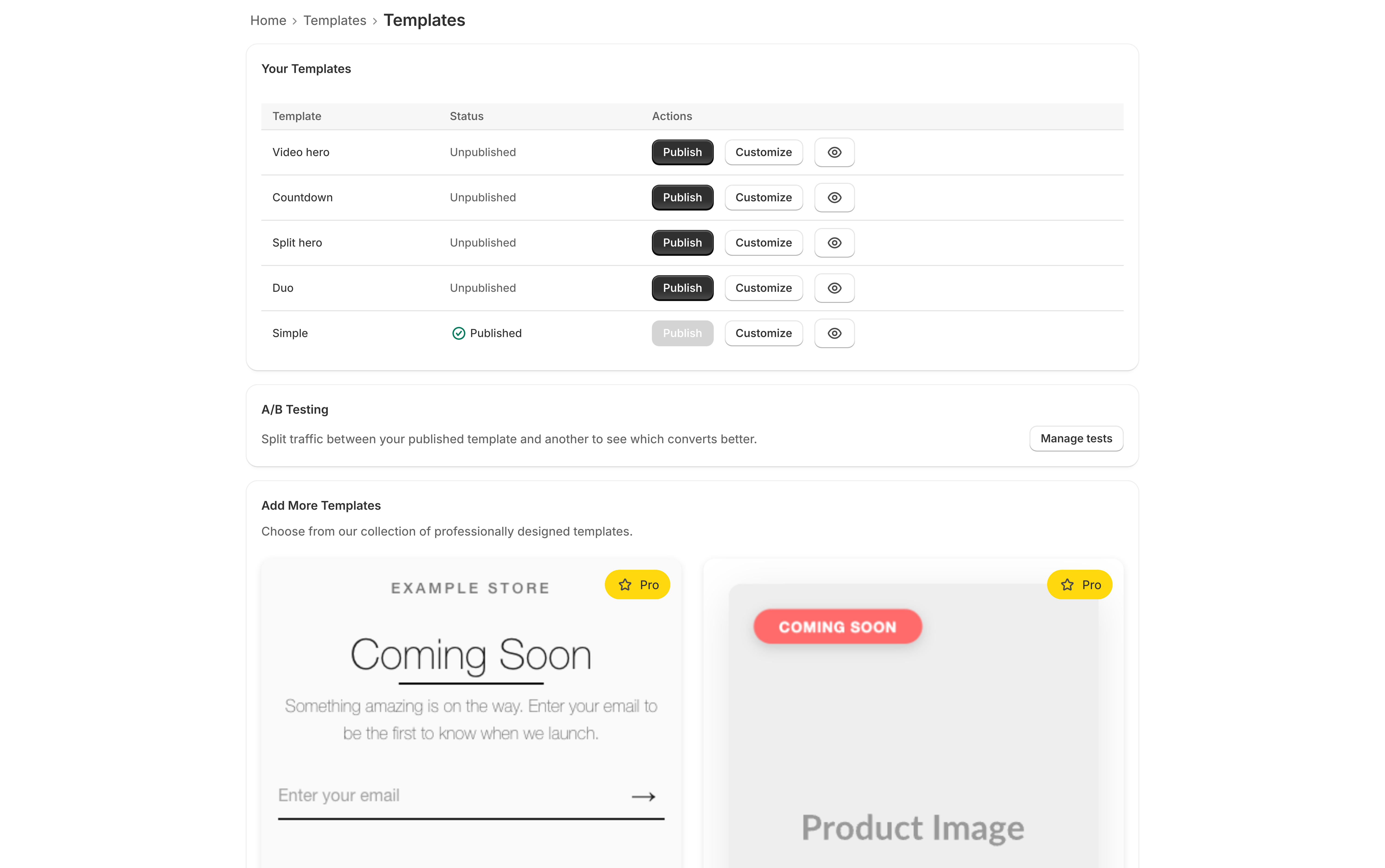 The Templates page: a Your Templates table listing Video hero, Countdown, Split hero, Duo and Simple with Publish, Customize and preview buttons — Simple is marked Published and its Publish button is greyed out — followed by an A/B Testing card with a Manage tests button and an Add More Templates gallery.